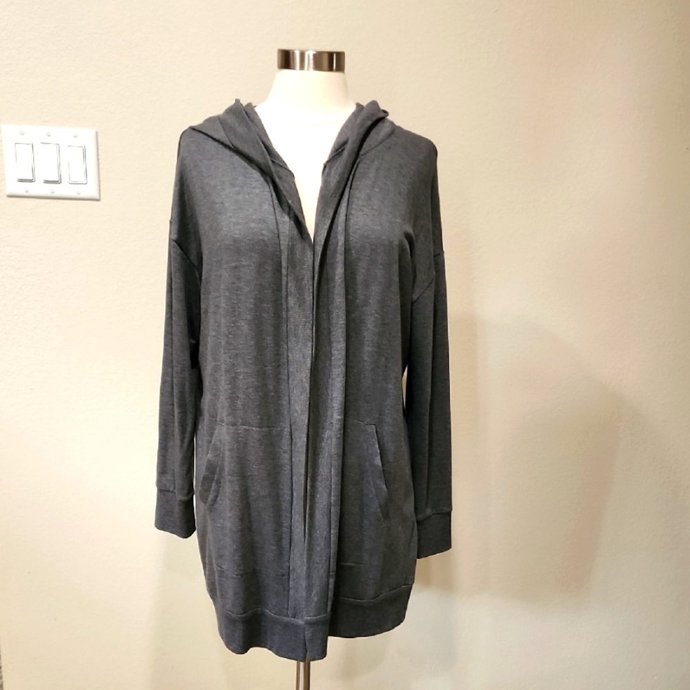 Eileen Fisher Cardigan Gray Hooded Knit Tencel Blend Open Front Size Medium